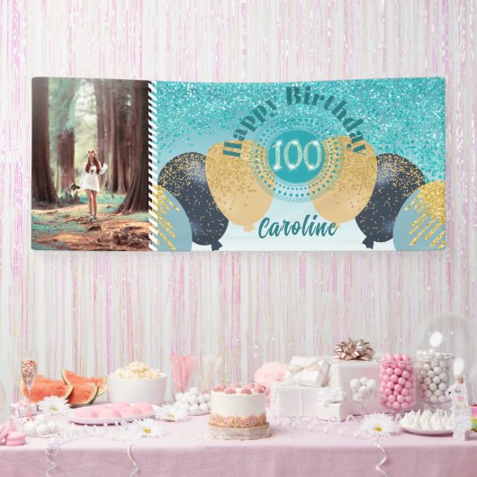 ターコイズブルーのラメ 100歳の誕生日 バルーン 横断幕 (パーティー)