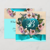 ターコイズブルーのリボンがアクセントのワイルドローズ　イニシャル付き 招待状 (正面/裏面)