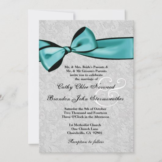 ターコイズブルーのリボン付きシルバーダマスク婚約招待状 V003 招待状 (正面)