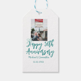 ターコイズブルーのリボン付き50周年記念写真 ギフトタグ