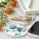 ターコイズブルーのリボン エレガントな結婚前お披露目パーティー ウェディング キーホルダー (正面右)