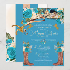 ターコイズブルーのローズがおしゃれなチャロ風のキンセアニエラ 招待状
