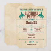 ターコイズブルーのヴィンテージカウボーイ誕生日招待状 招待状 (正面/裏面)