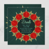 ターコイズブルーの上に赤と金のディヤス マンダラ ディワリ 招待状 (正面/裏面)