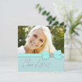 ターコイズブルーの写真を使った卒業発表 招待状 (スタンド正面)