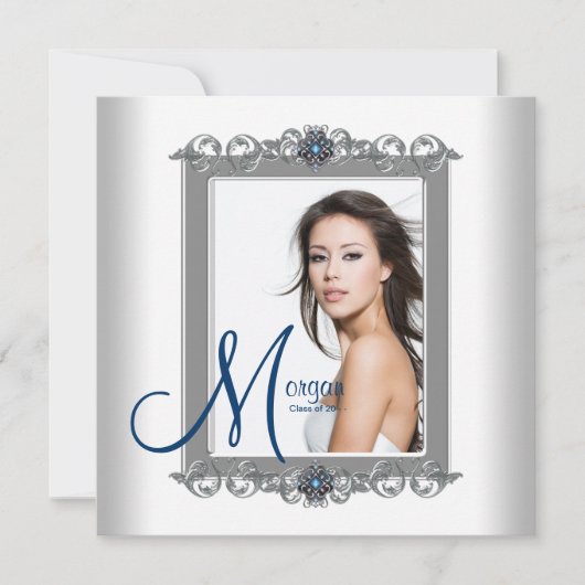 ターコイズブルーの写真を使った卒業発表 招待状 (正面)