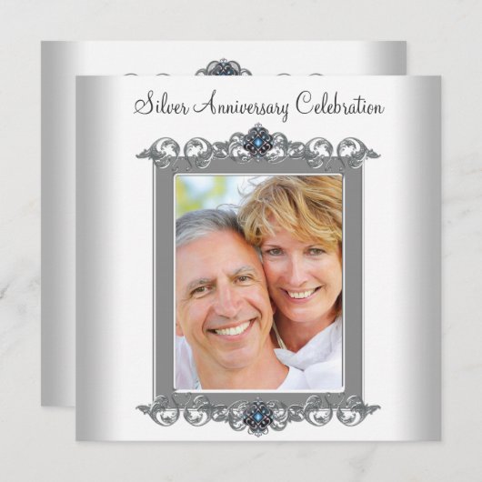 ターコイズブルーの写真 銀 25周年パーティー 招待状 (正面/裏面)