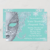 ターコイズブルーの冬のワンダーランド・マスカレードパーティー 招待状 (正面/裏面)