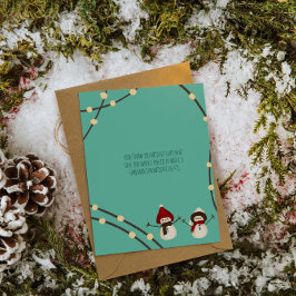 ターコイズブルーの冬の光に輝くメリークリスマスの雪だるまデュオ サンキューカード