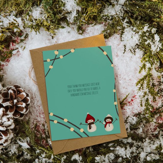 ターコイズブルーの冬の光に輝くメリークリスマスの雪だるまデュオ サンキューカード