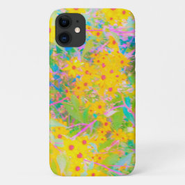 ターコイズブルーの可愛い黄色と赤の花 iPhone 11 ケース