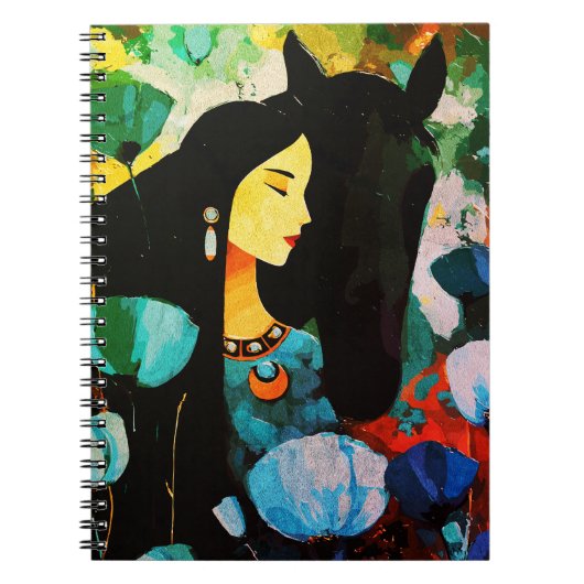 ターコイズブルーの女性と馬の絵画 ノートブック (正面)