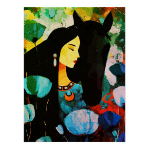 ターコイズブルーの女性と馬の絵画 ポスター