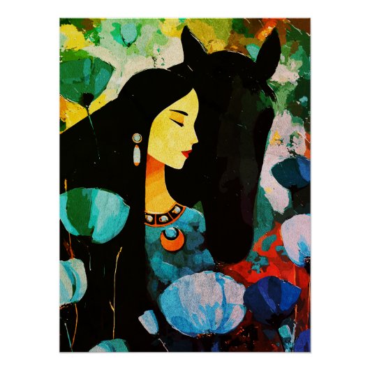 ターコイズブルーの女性と馬の絵画 ポスター (正面)