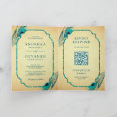 ターコイズブルーの孔雀の羽QRコードインドの結婚式 招待状 (内部)