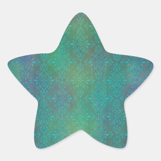 ターコイズブルーの抽象的なダマスク模様のマルチカラー 星シール (正面)