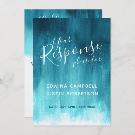 ターコイズブルーの抽象的な現代アートの結婚式返信ＲＳＶＰ 招待状 (正面/裏面)