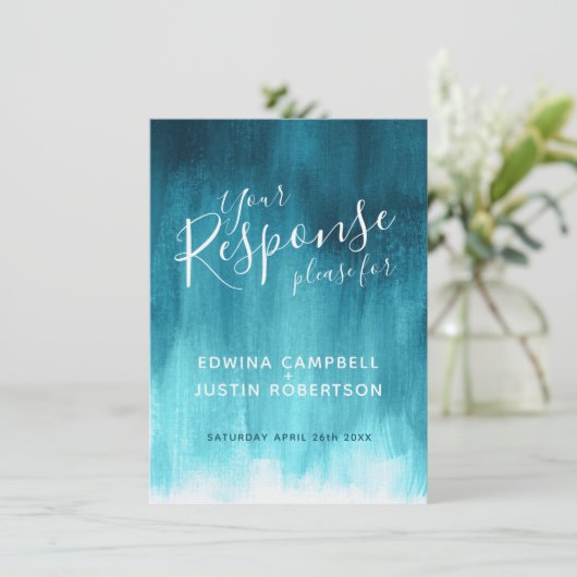 ターコイズブルーの抽象的な現代アートの結婚式返信ＲＳＶＰ 招待状 (スタンド正面)