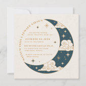 ターコイズブルーの月と星の天体結婚式招待状 セーブザデート (正面)