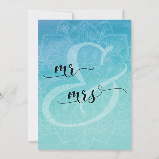 ターコイズブルーの水彩オンブルマンダラ　私たちはこっそり結婚した 招待状 (裏面)