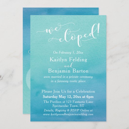 ターコイズブルーの水彩オンブルーで私たちはこっそり結婚式を挙げました 招待状 (正面/裏面)