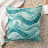 ターコイズブルーの水彩オーシャンウェーブ抽象画 クッション (ブランケット)