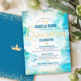 ターコイズブルーの水彩クラウンリアルゴールドQuinceañera 箔招待状