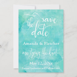 ターコイズブルーの水彩タイポグラフィーのSave the Date セーブザデート