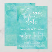 ターコイズブルーの水彩タイポグラフィーのSave the Date セーブザデート (正面/裏面)