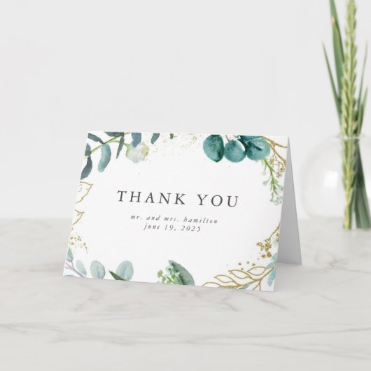 ターコイズブルーの水彩ボタニカルグリーンウェディング サンキューカード (正面)