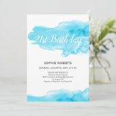 ターコイズブルーの水彩色飛沫 21歳の誕生日 招待状 (スタンド正面)