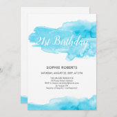 ターコイズブルーの水彩色飛沫 21歳の誕生日 招待状 (正面/裏面)