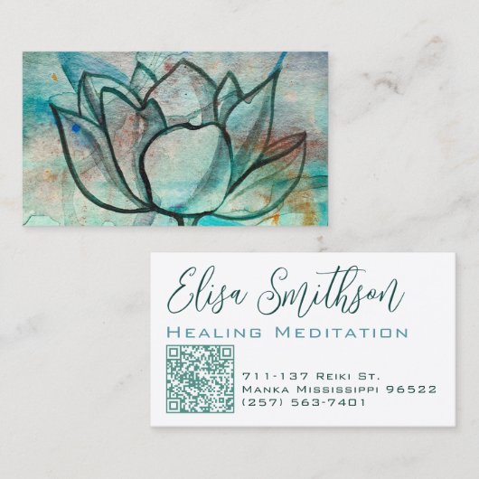 ターコイズブルーの水彩花のエレガントでアーティスティックな蓮のデザイン 名刺 (正面/裏面)