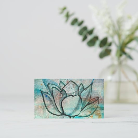 ターコイズブルーの水彩花のエレガントでアーティスティックな蓮のデザイン 名刺 (スタンド正面)