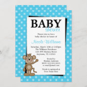 ターコイズブルーの水玉模様のサル 赤ちゃんシャワーの招待状 招待状 (正面/裏面)