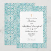 ターコイズブルーの洗礼招待状。おしゃれなタイル付き。 招待状 (正面/裏面)