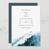 ターコイズブルーの海が広がる南極の海岸でのペンギンのオーシャンウェディング 招待状 (正面/裏面)