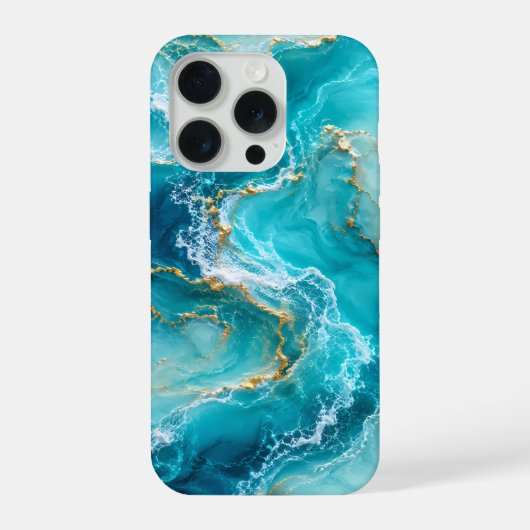 ターコイズブルーの海とゴールドの波が輝く高級大理石デザイン iPhoneケース (裏面)