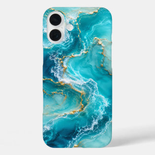 ターコイズブルーの海と大理石のラグジュアリーデザインにゴールドフォイルの波を添えて iPhone 16 PLUSケース