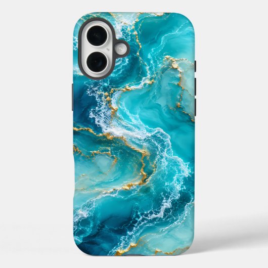 ターコイズブルーの海と大理石のラグジュアリーデザインにゴールドフォイルの波 Case-Mate iPhoneケース (裏面)