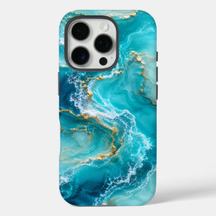 ターコイズブルーの海と大理石のラグジュアリーデザインにゴールドフォイルの波 iPhone 16 PROケース