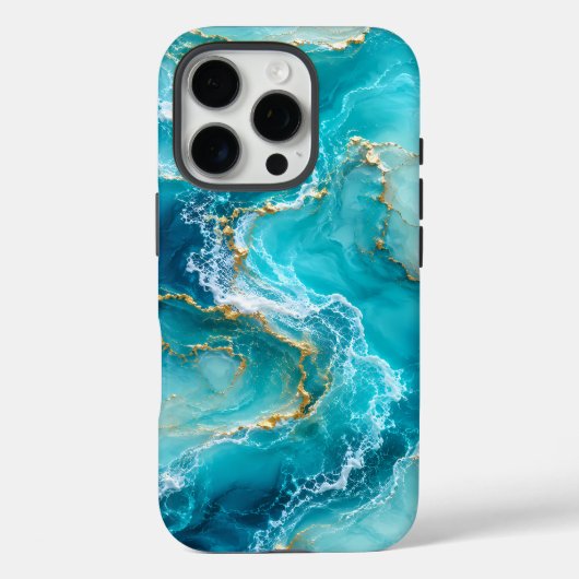 ターコイズブルーの海と大理石のラグジュアリーデザインにゴールドフォイルの波 Case-Mate iPhoneケース (裏面)