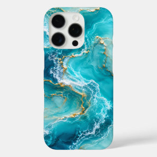 ターコイズブルーの海と大理石のラグジュアリーデザインにゴールドフォイルの波 iPhone 16 PROケース