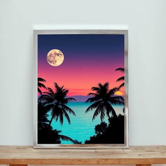 ターコイズブルーの海に沈む輝く夕日 ポスター