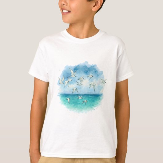 ターコイズブルーの海上の水彩チドリ - オーシャンフライト Tシャツ (正面)