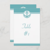 ターコイズブルーの海軍アンカー受付テーブルカード 招待状 (正面/裏面)