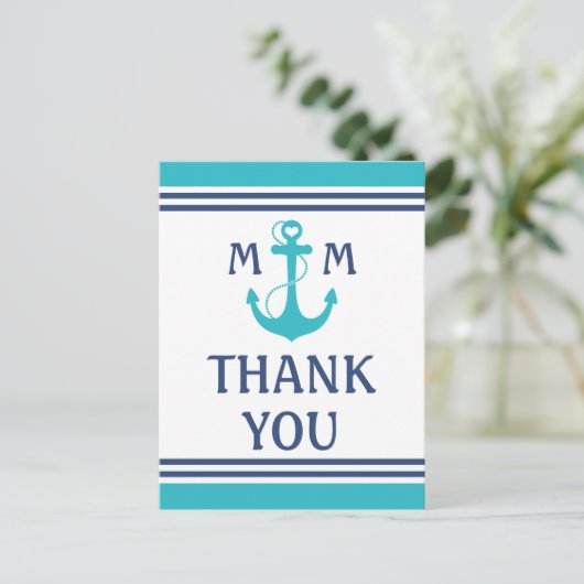 ターコイズブルーの海軍風ハートアンカー感謝 ポストカード (スタンド正面)