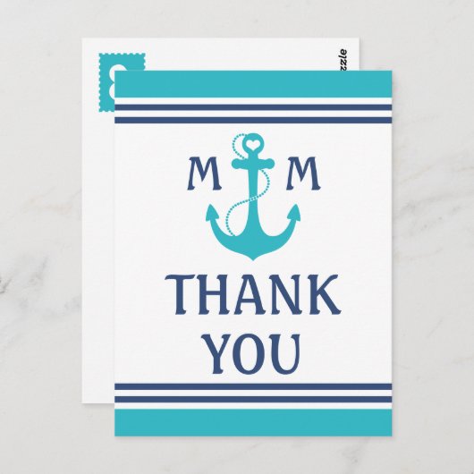 ターコイズブルーの海軍風ハートアンカー感謝 ポストカード (正面/裏面)