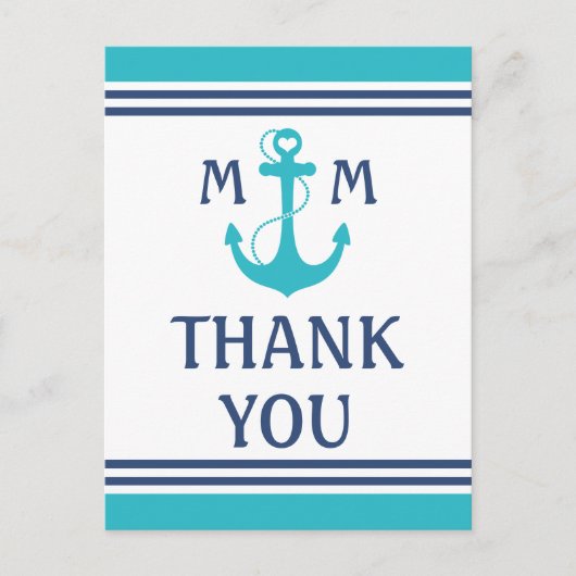 ターコイズブルーの海軍風ハートアンカー感謝 ポストカード (正面)