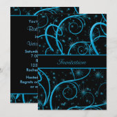 ターコイズブルーの渦巻き 黒の誕生日パーティー招待状 招待状 (正面/裏面)